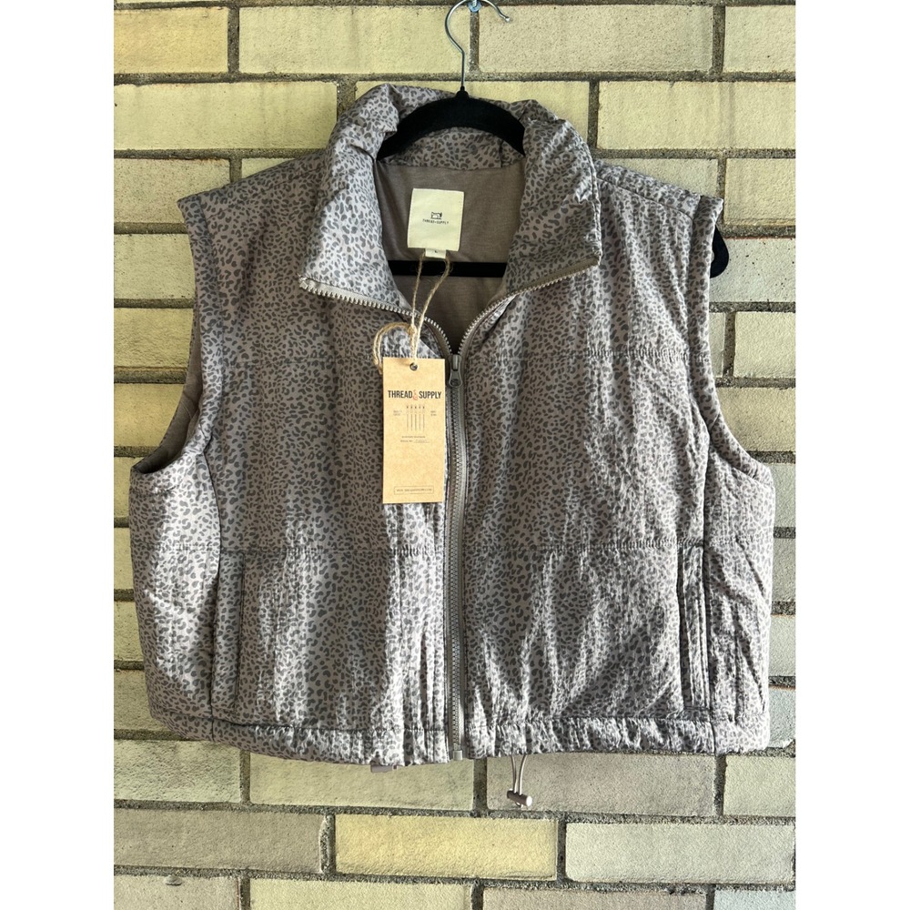 Thread & Supply Cinder Leopard Cropped Puffer Vest Brown Grey Size Large NWT